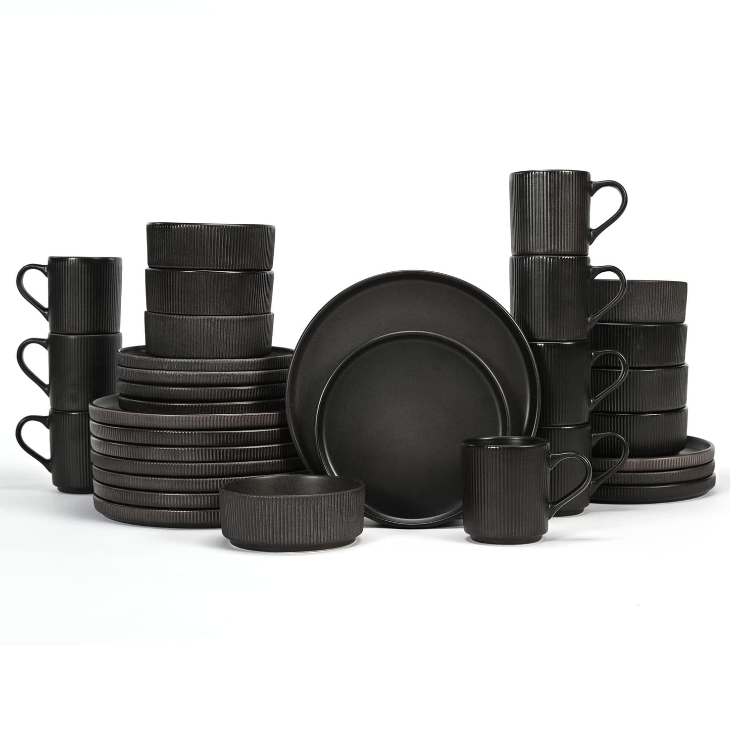 OTAGO 32-Piece Stoneware Dinnerware Set, Plates and Bowls Sets for 8 with Mugs, Ribbed Ceramic Dish Set, Microwave & Dishwasher Safe, for Kitchen, Dinner & Dining