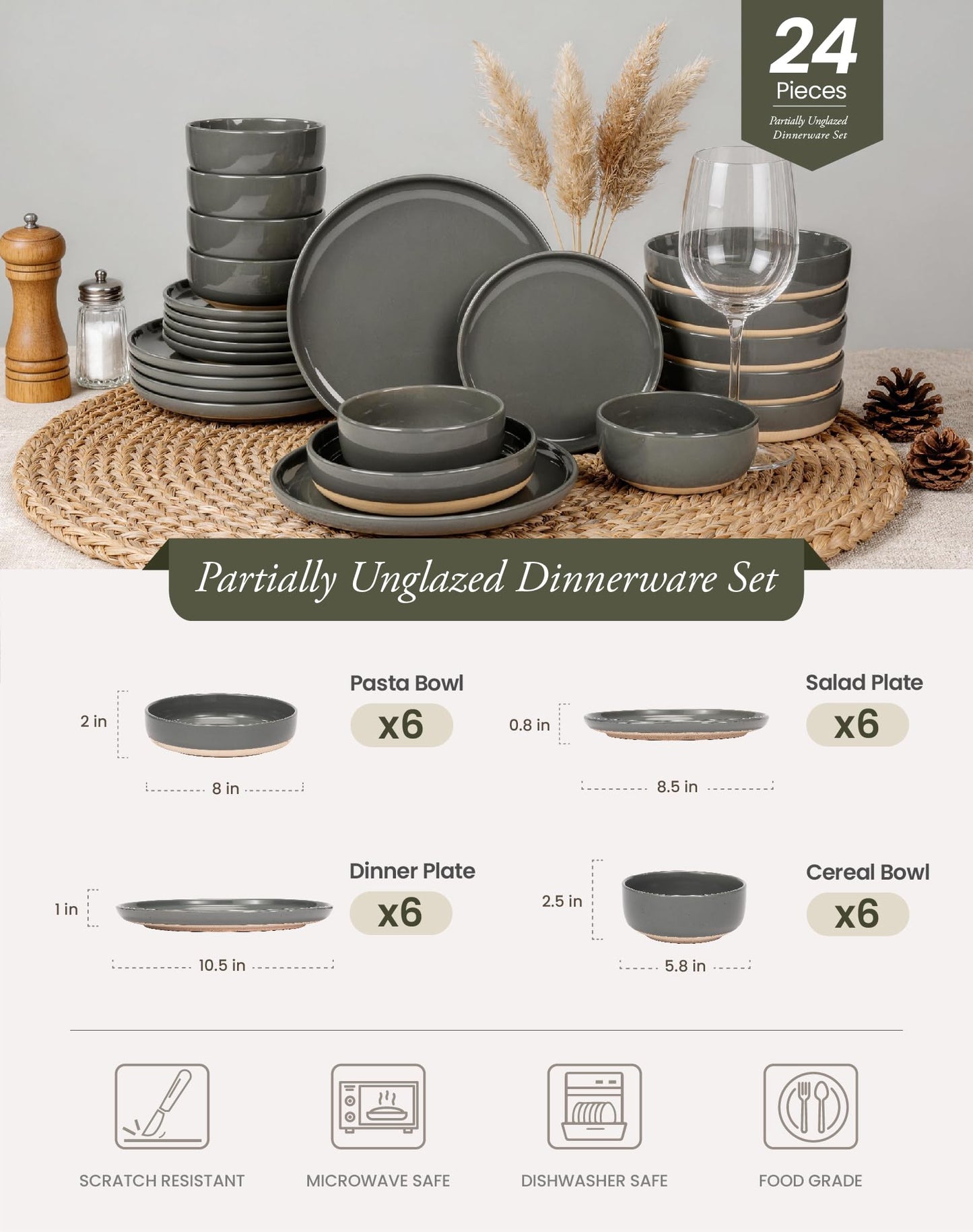 OTAGO 24-Piece Dinnerware Sets for 4, Ceramic Plates and Bowls Set with Partially Unglazed Base, Handcrafted Look, Stoneware Dishes Set for Kitchen, Dinner & Dining, Microwave & Dishwasher Safe