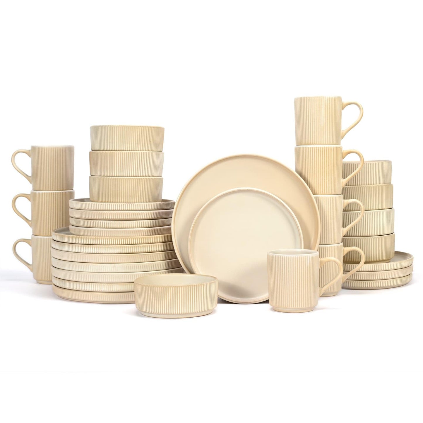 OTAGO 32-Piece Stoneware Dinnerware Set, Plates and Bowls Sets for 8 with Mugs, Ribbed Ceramic Dish Set, Microwave & Dishwasher Safe, for Kitchen, Dinner & Dining