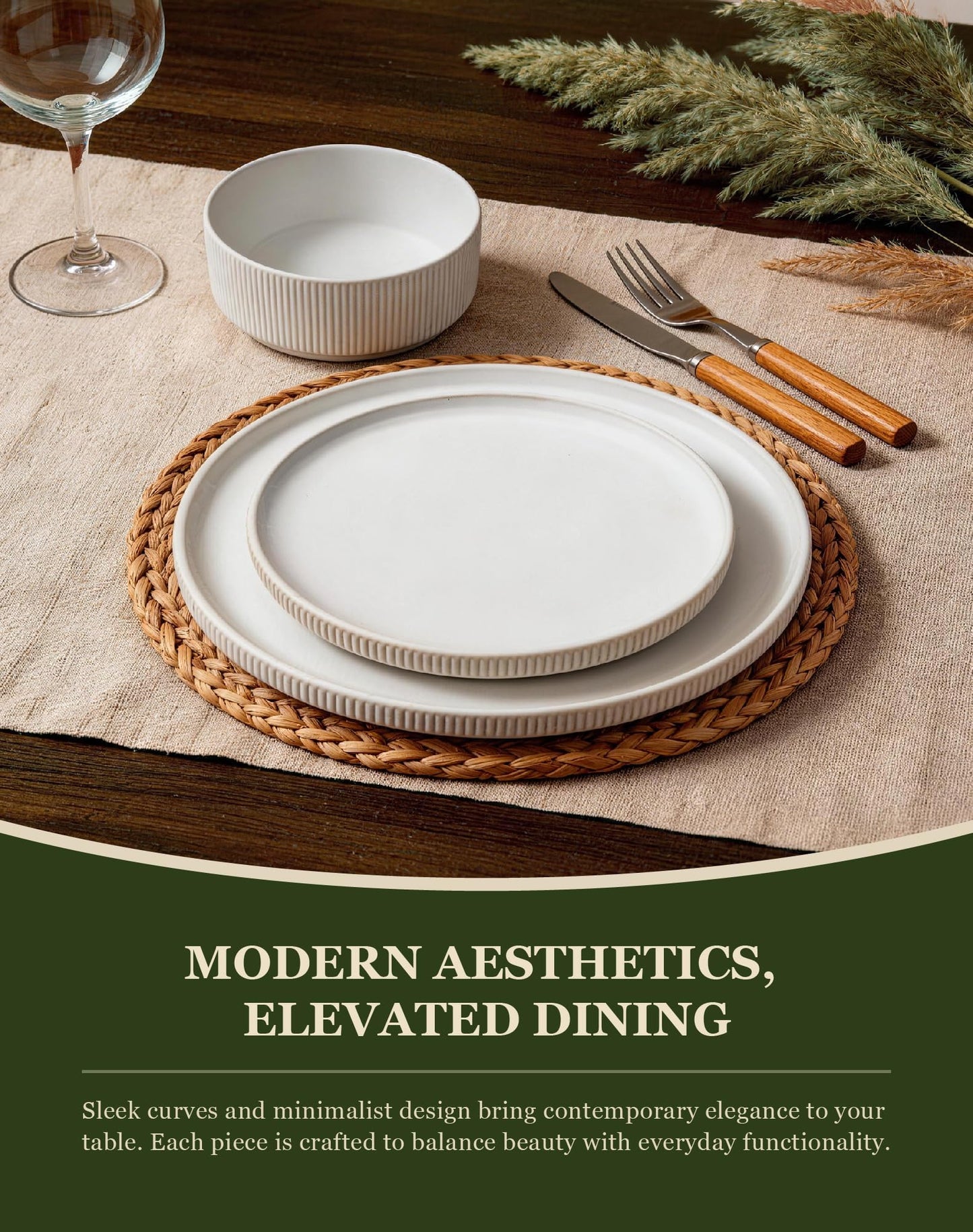 OTAGO 24-Piece Stoneware Dinnerware Set for 6, Ribbed Plates and Bowls Dish Set, Matte Reactive Black, Microwave & Dishwasher Safe, for Kitchen, Dinner & Dining