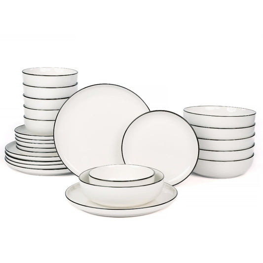 OTAGO 24-Piece Dinnerware Set for 6, White with rim Stoneware Plates and Bowls Sets, Ceramic Dish Set for Kitchen, Dinner & Dining, Microwave & Dishwasher Safe