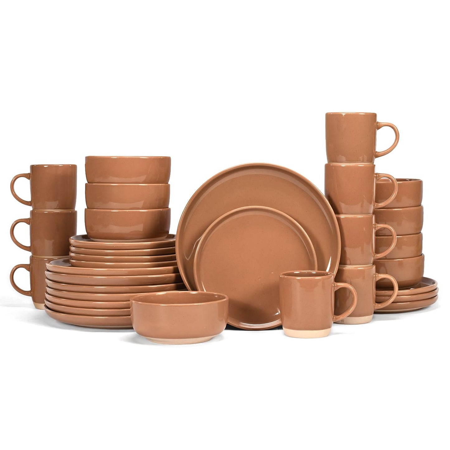 OTAGO 32-Piece Stoneware Dinnerware Set for 8 with Mugs, Plates and Bowls Sets Partially Unglazed Base, Scratch Resistant Ceramic Dish Set, Microwave & Dishwasher Safe for Kitchen Dinner Dining