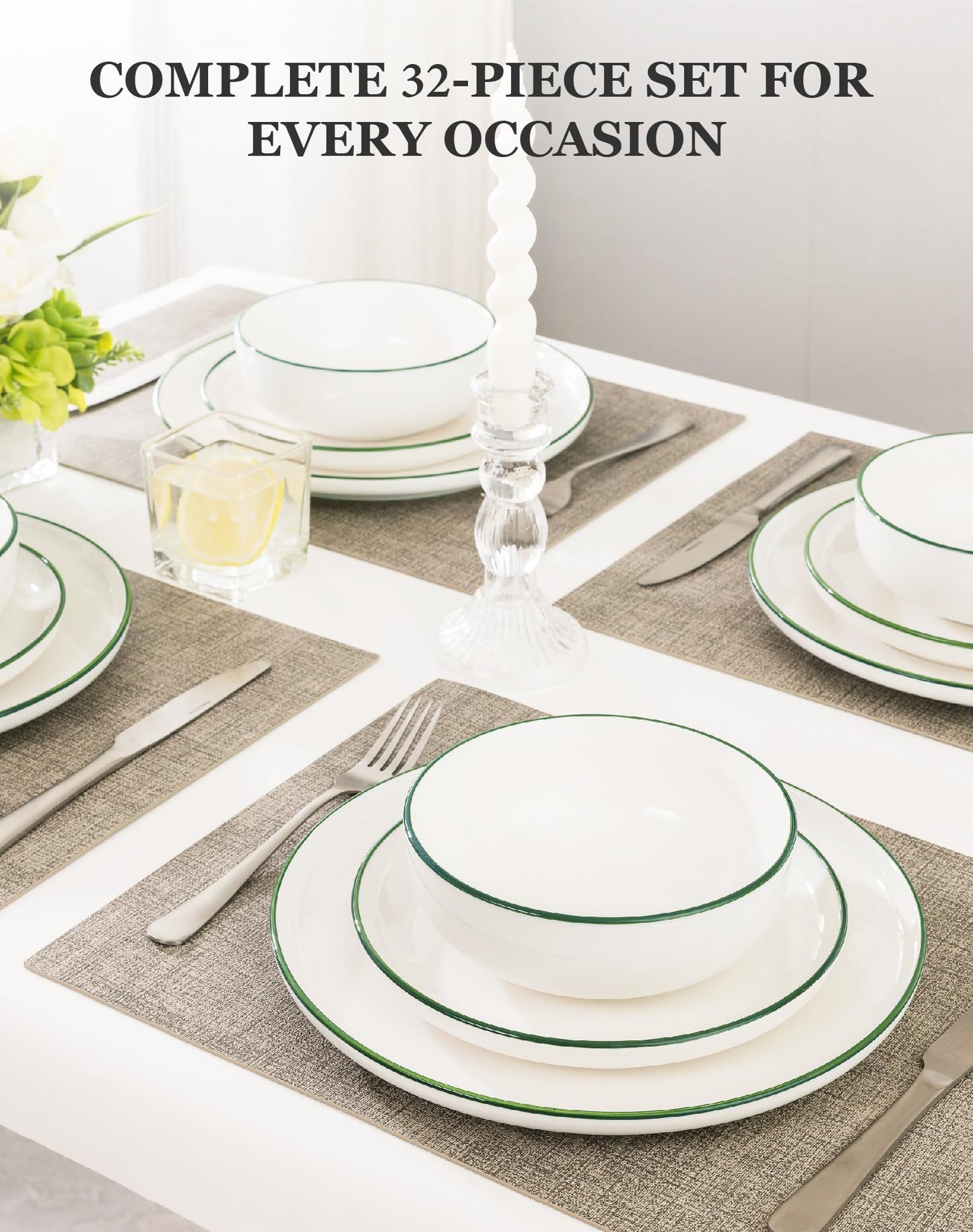 OTAGO 32-Piece Dinnerware Set for 8 with 8 Mugs, White with rim Stoneware Plates and Bowls Sets, Ceramic Dish Set for Kitchen, Dinner & Dining, Microwave & Dishwasher Safe