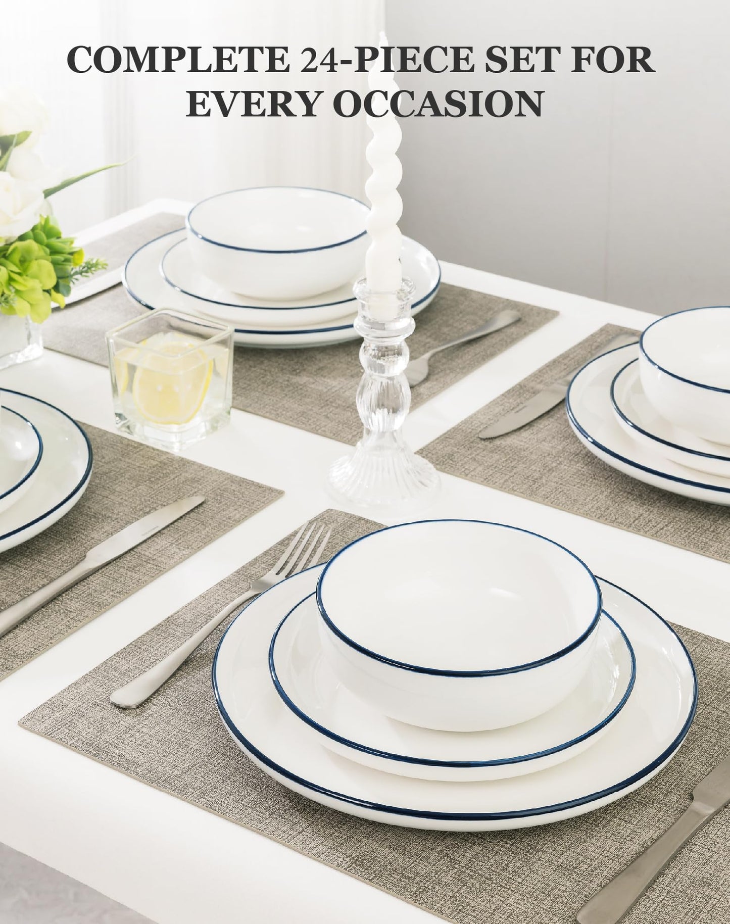OTAGO 24-Piece Dinnerware Set for 6, White with rim Stoneware Plates and Bowls Sets, Ceramic Dish Set for Kitchen, Dinner & Dining, Microwave & Dishwasher Safe