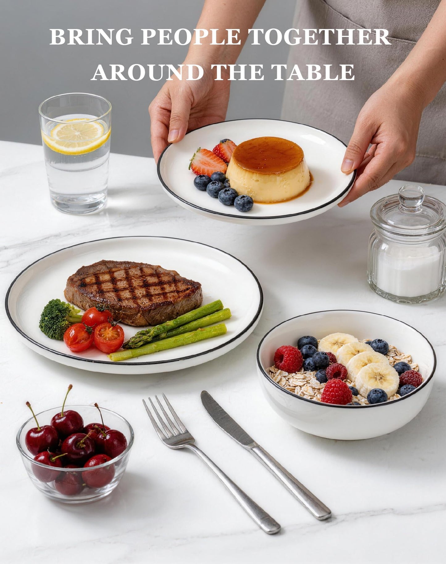 OTAGO 24-Piece Dinnerware Set for 6, White with rim Stoneware Plates and Bowls Sets, Ceramic Dish Set for Kitchen, Dinner & Dining, Microwave & Dishwasher Safe