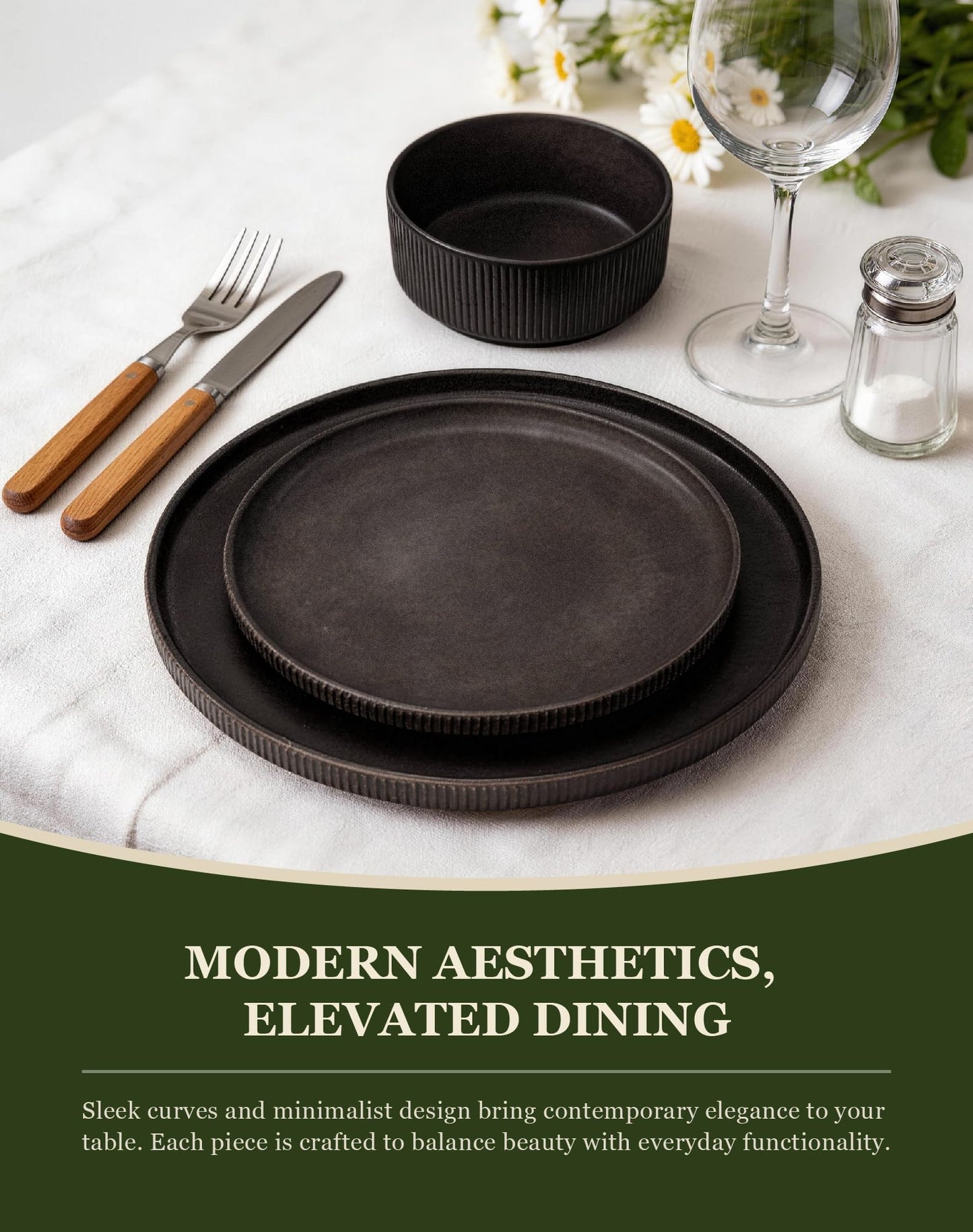 OTAGO 24-Piece Stoneware Dinnerware Set for 6, Ribbed Plates and Bowls Dish Set, Matte Reactive Black, Microwave & Dishwasher Safe, for Kitchen, Dinner & Dining